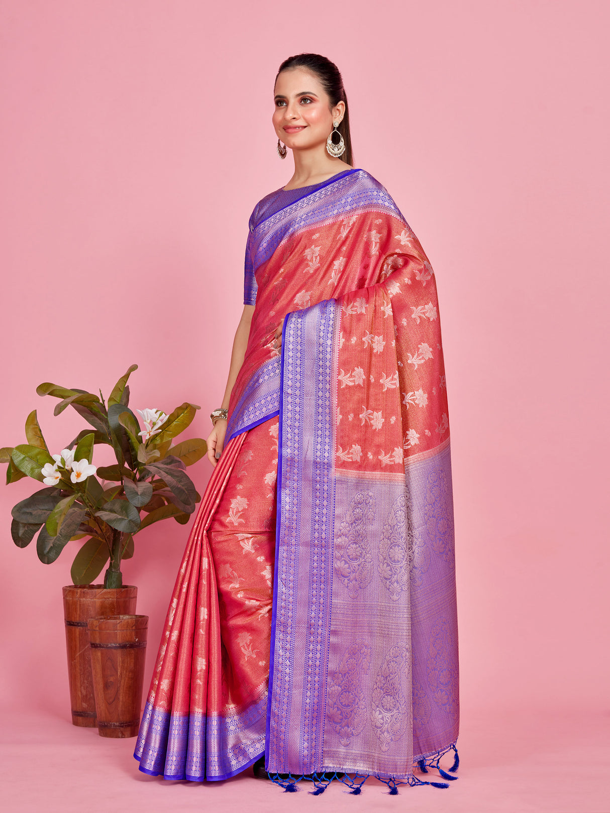 Mimosa Women's Woven Design Kanjivaram Style Art Silk Saree With Blouse Piece : SA0000376PNKFREE