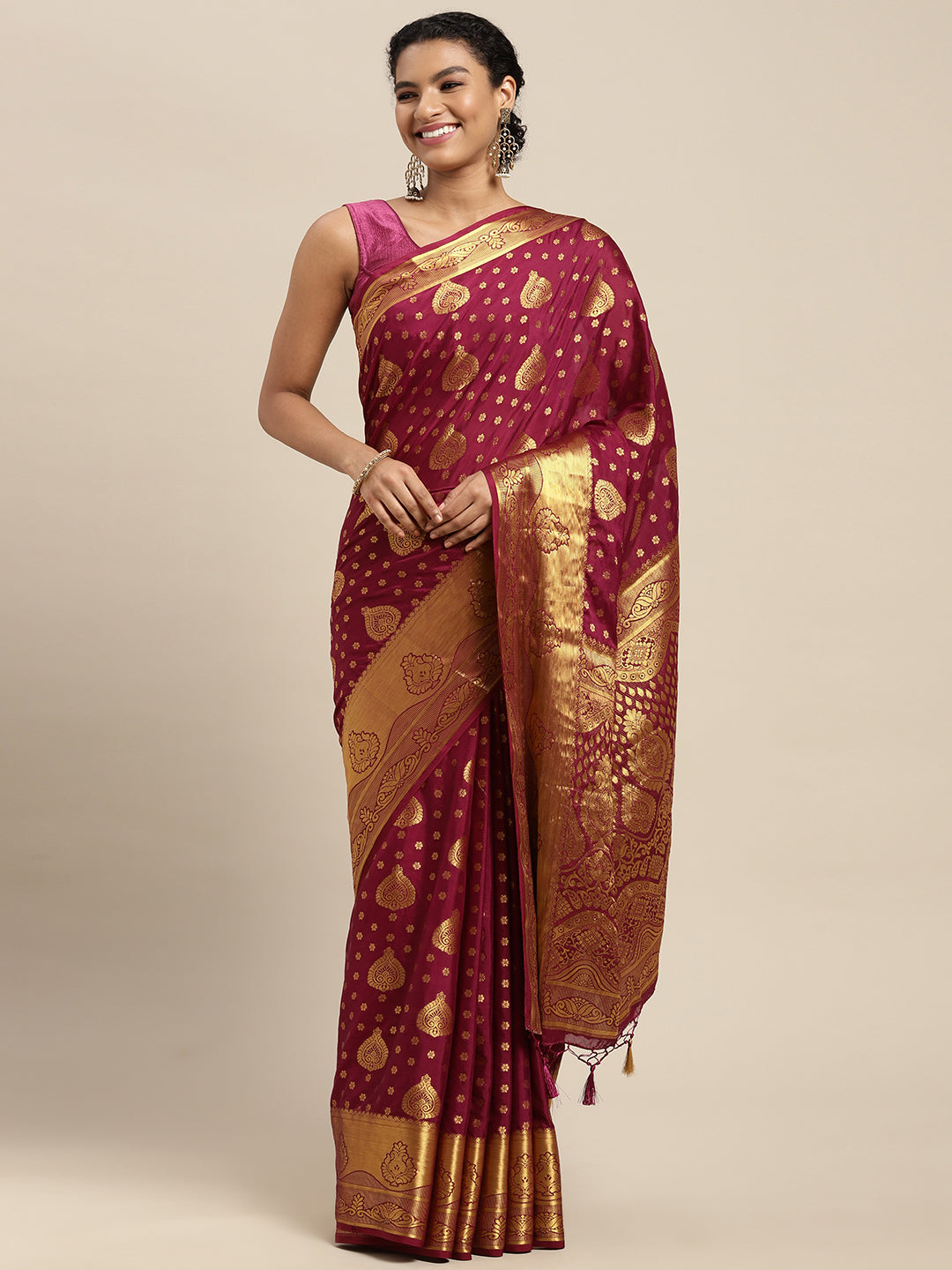 Mimosa Womens Crepe Saree Mysore Silk Wine Color