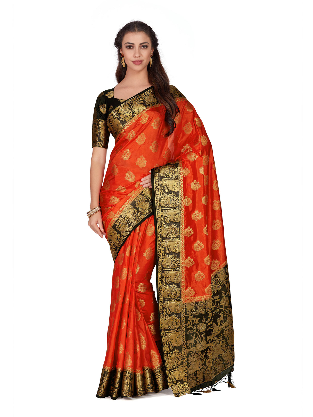 Mimosa Womens Art Silk Saree Kanjivaram Orange Color