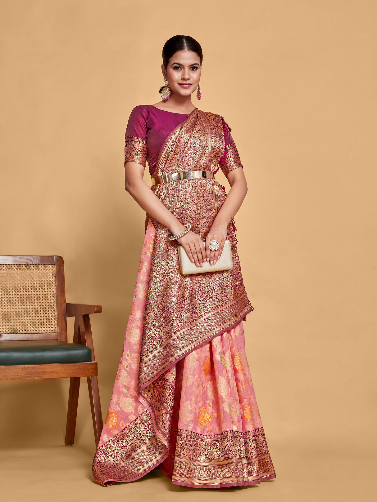 Mimosa Women's Woven Design Kanjivaram Linen Saree With Blouse Piece : SA00001236PNKFREE