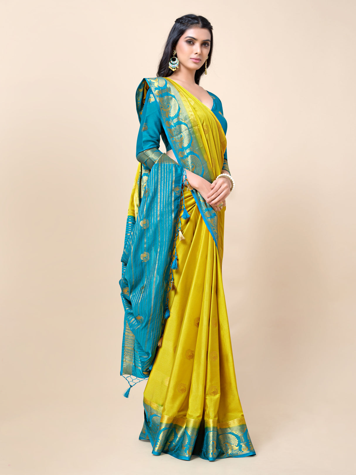 Mimosa Womens Crepe Saree Mysore Silk style Yellow Color