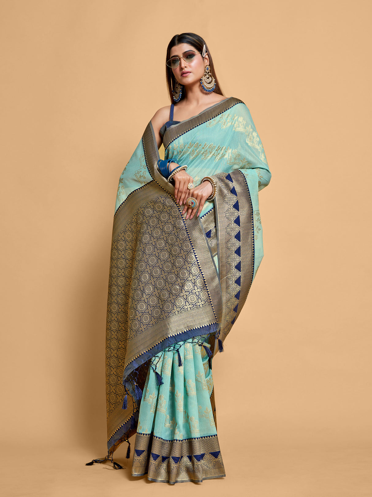 Mimosa Women's Woven Design Kanjivaram Linen Saree With Blouse Piece : SA00001233ANFREE