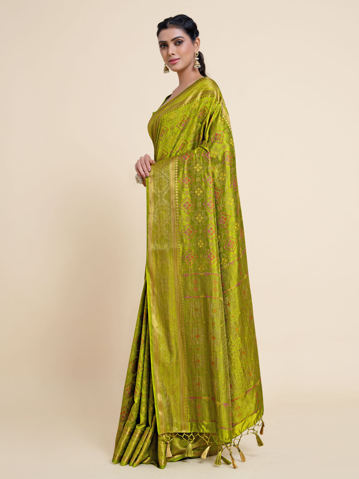 Mimosa Womens Art Silk Saree Kanjivaram style Olive Color