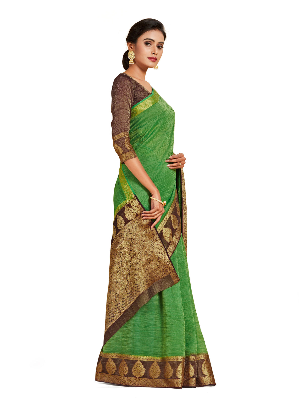 Mimosa Womens Art Silk Saree Kanjivaram style Green Color