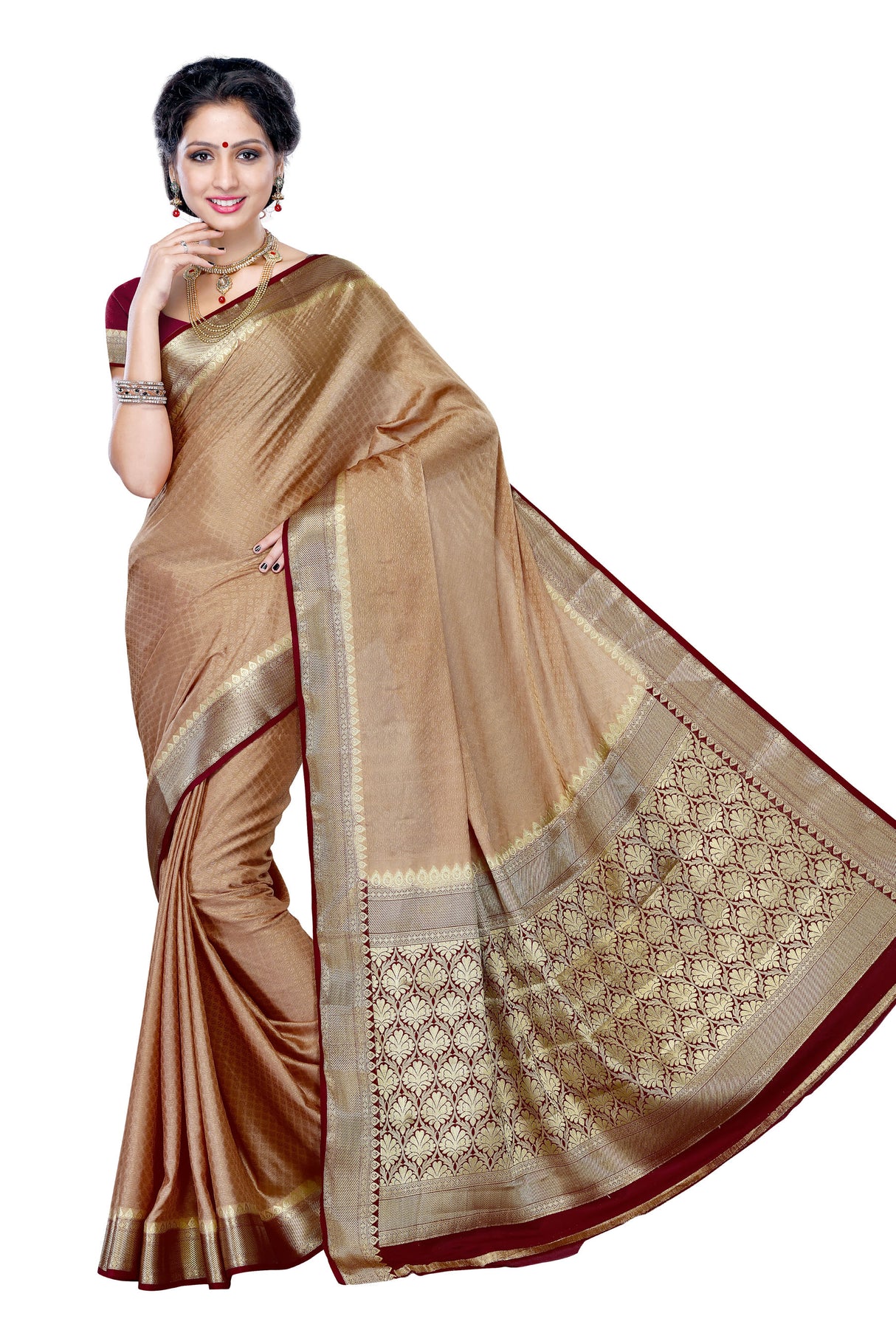 Mimosa Womens Crepe Saree Mysore Silk Chiku Color