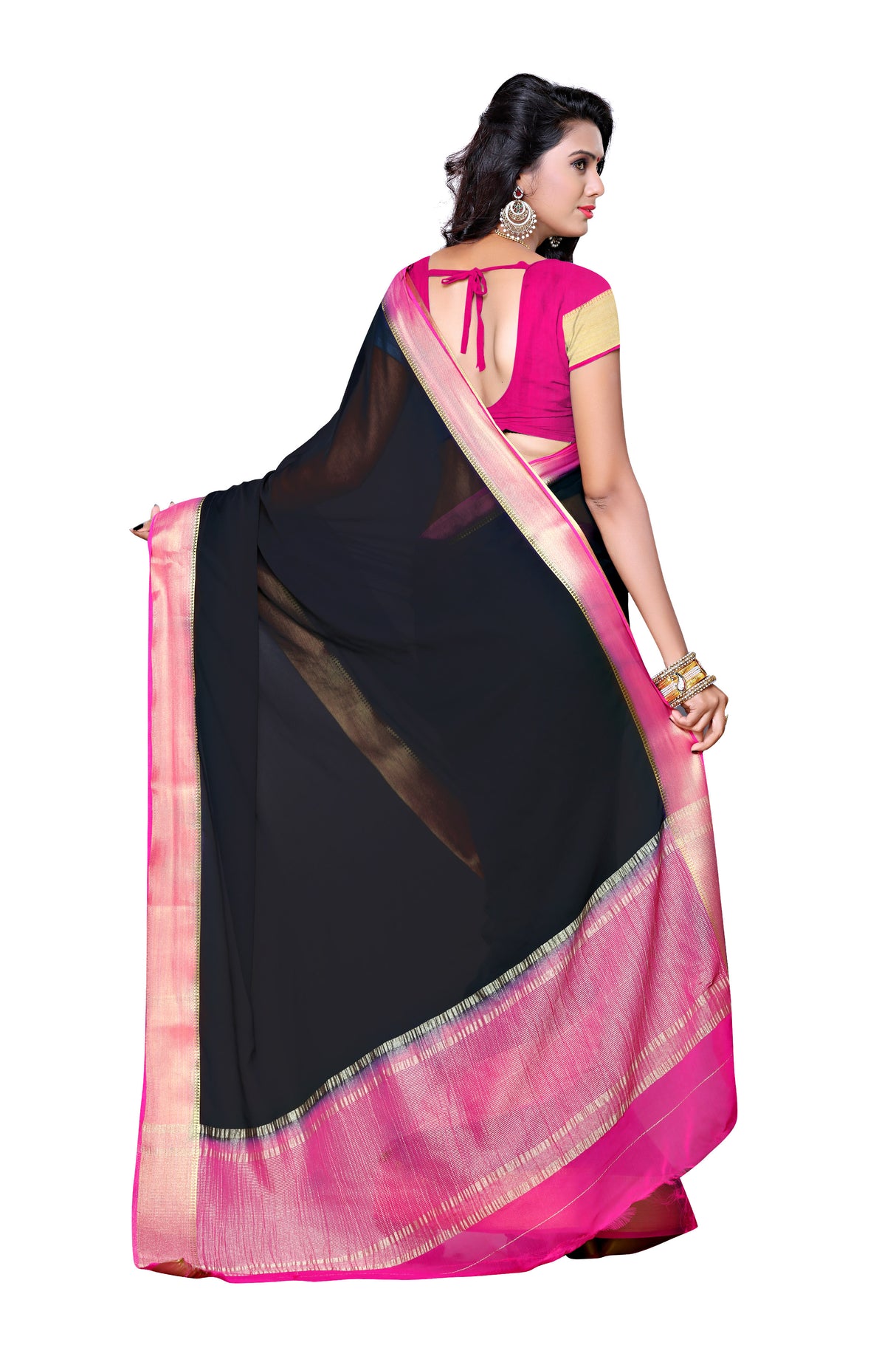 Mimosa Womens Chiffon Saree Kanjivaram style Black Color