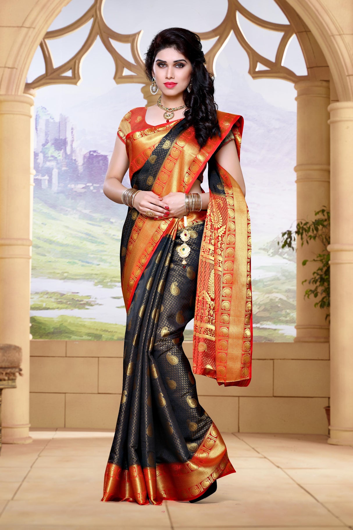 Mimosa Womens Art Silk Saree Kanjivaram Black Color