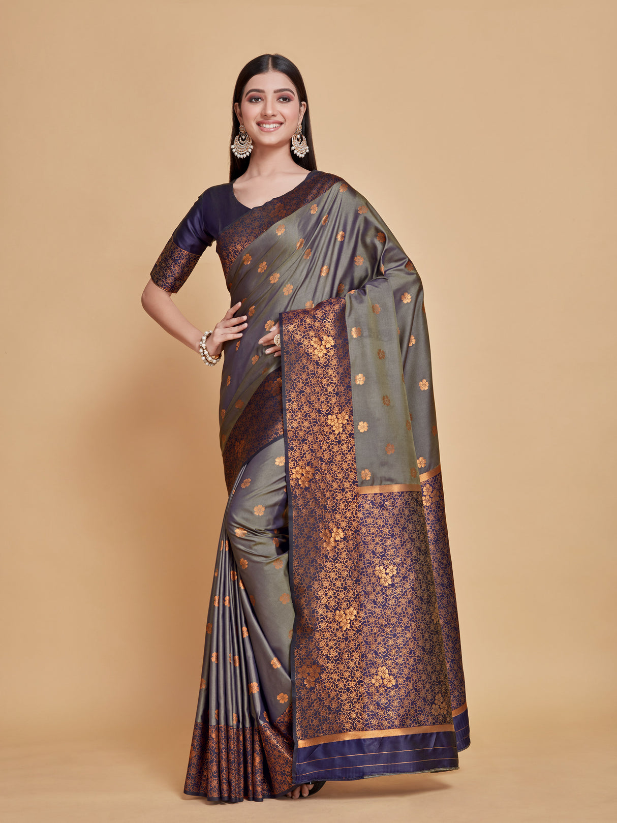 Mimosa Women's Woven Design Kanjivaram Style Art Silk Saree With Blouse Piece : SA00001329NVFREE