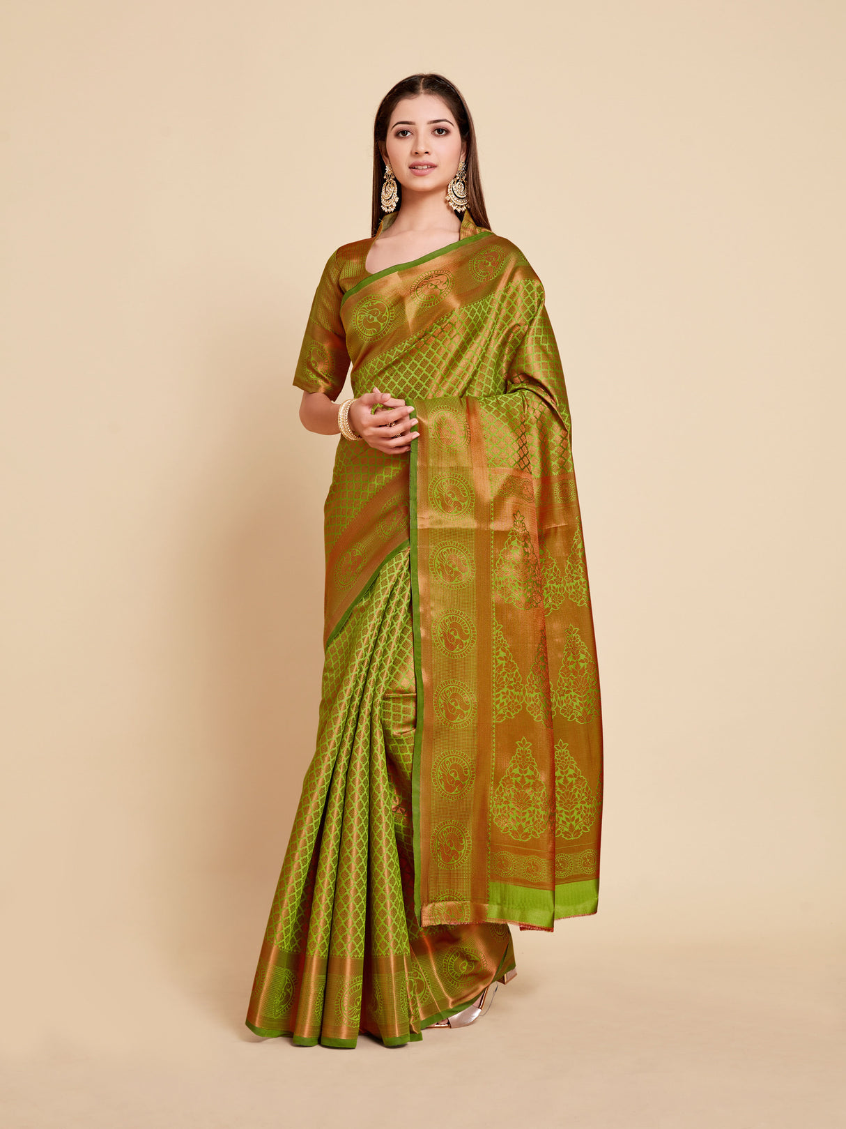 Mimosa Womens Art Silk Saree Kanjivaram Olive Color