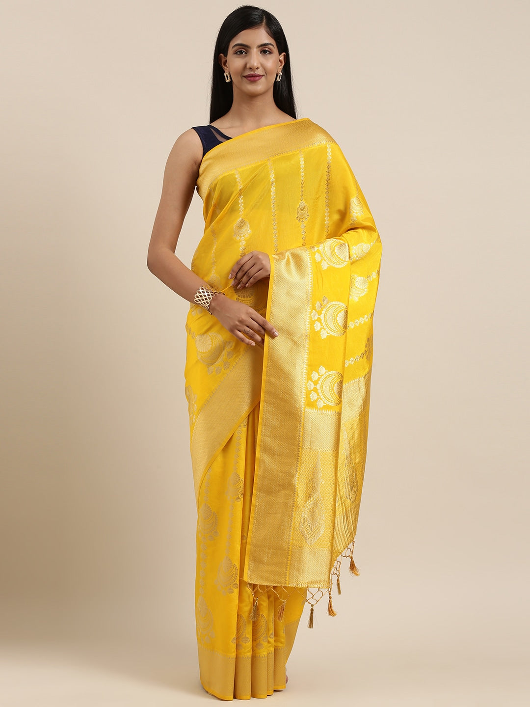 Mimosa Womens Art Silk Saree Kanjivaram Gold Color