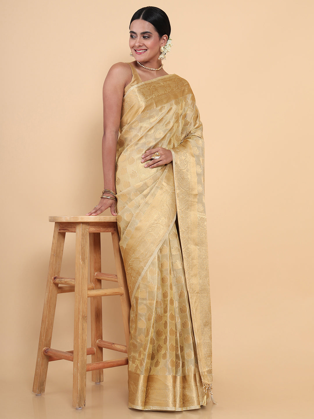 Mimosa Womens Art Silk Saree Kasavu Cream Color