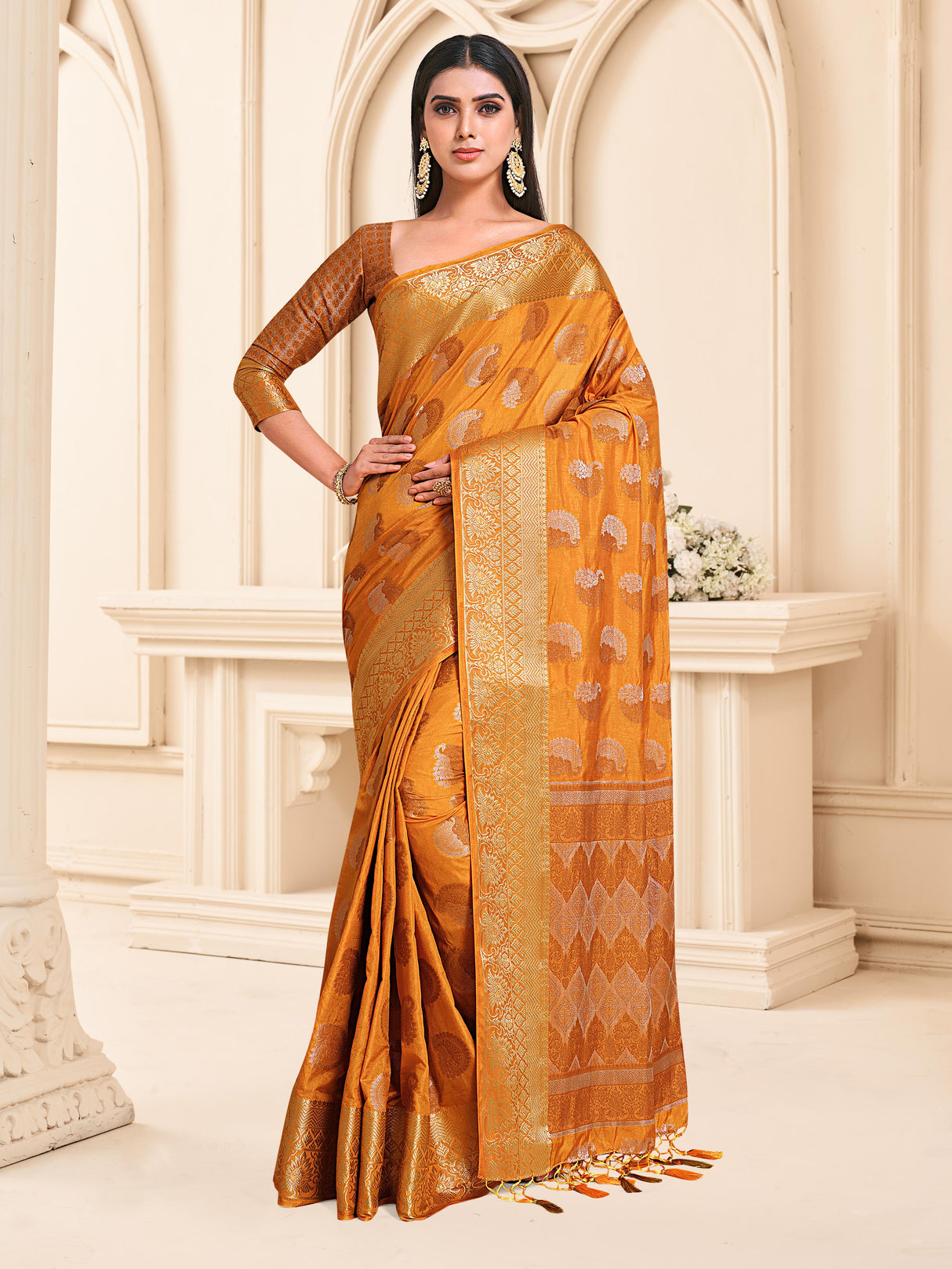 Mimosa Womens Art Silk Saree Kanjivaram Mustard Color