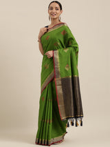 Mimosa Womens Art Silk Saree Kanjivaram style Olive Color