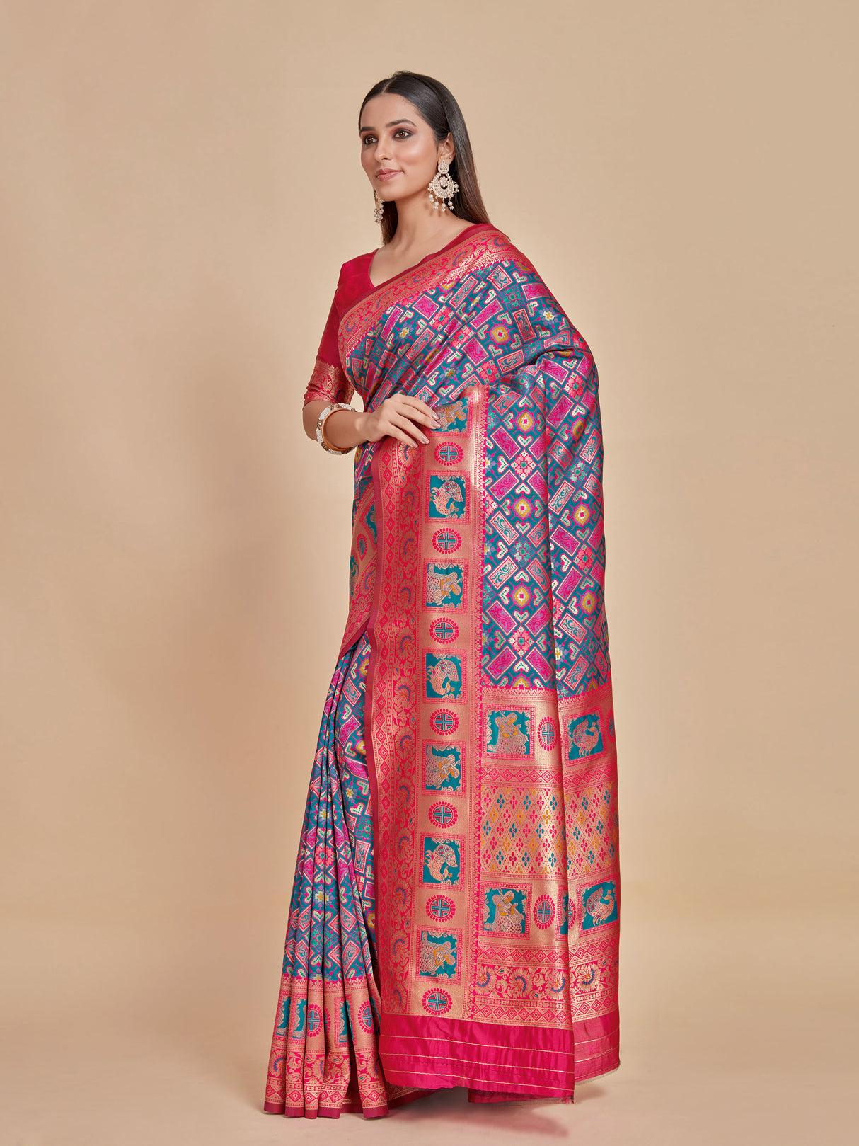 Mimosa Women's Woven Design Patola Style Art Silk Saree With Blouse Piece : SA00001344RMFREE