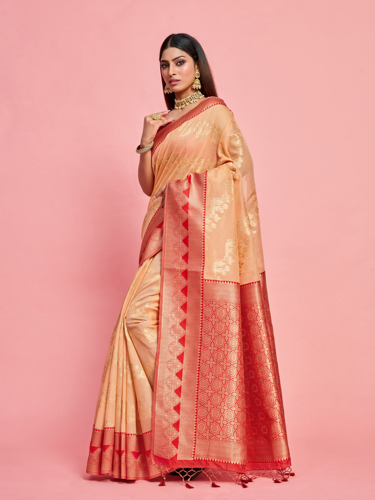 Mimosa Women's Woven Design Kanjivaram Linen Saree With Blouse Piece : SA00001233PCFREE