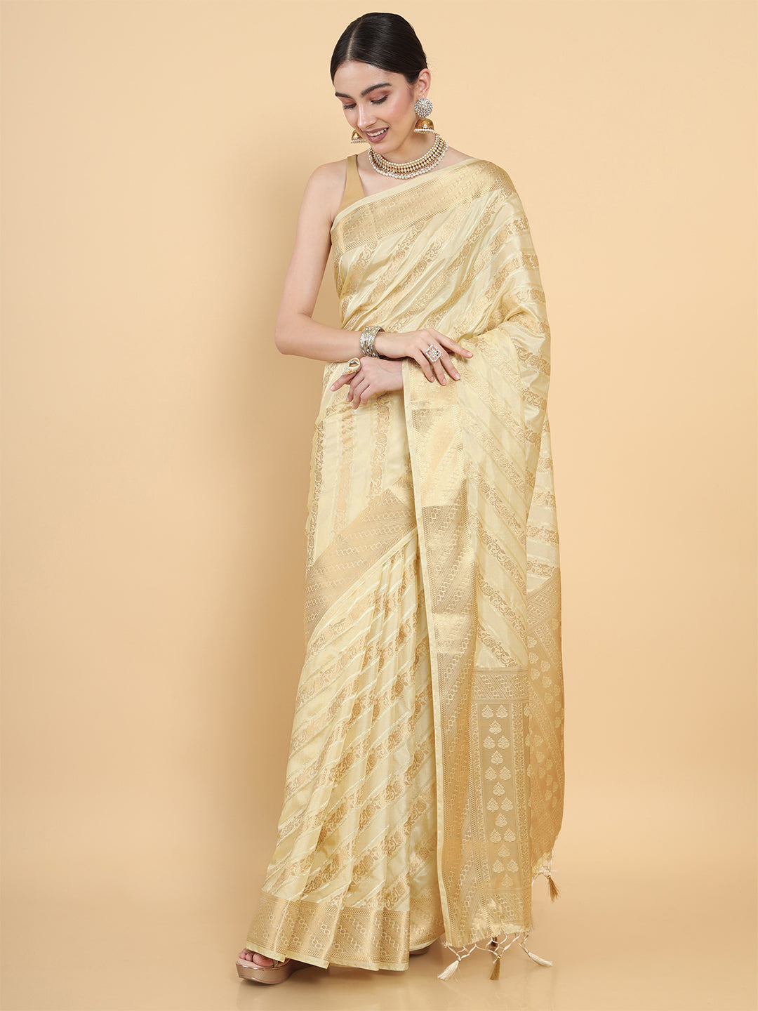 Mimosa Womens Art Silk Saree Kasavu Cream Color