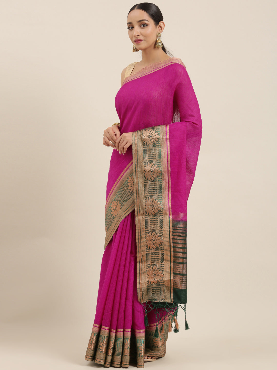 Mimosa Womens Linen Saree Kanjivaram style Rani Color