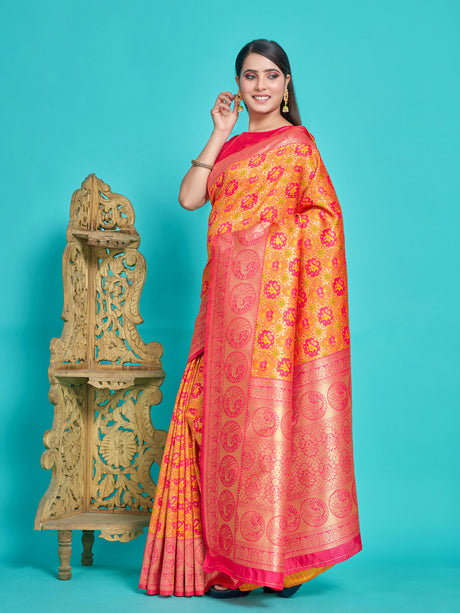 Mimosa Women's Woven Design Patola Style Art Silk Saree With Blouse Piece : SA00001346GDFREE