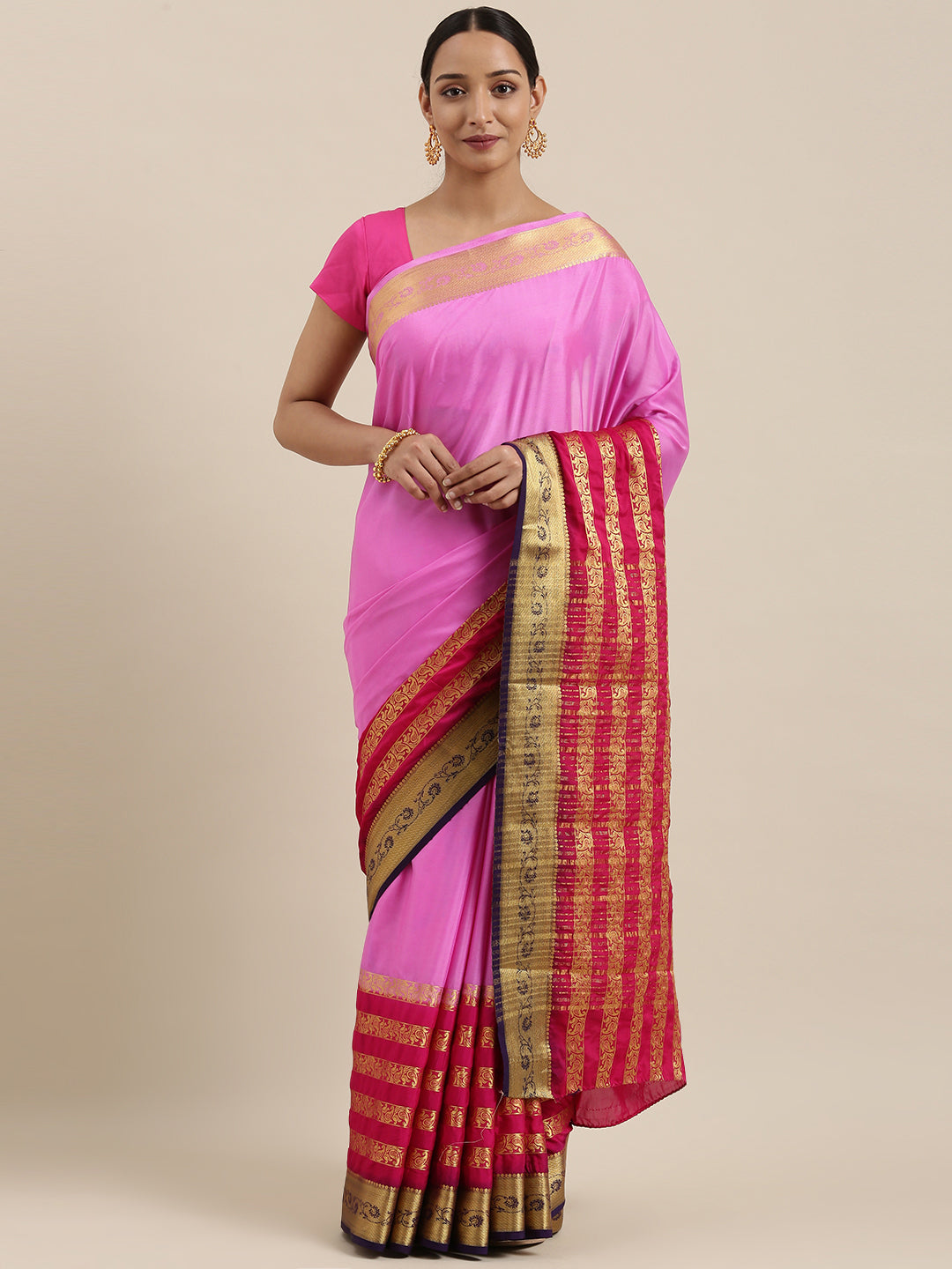 Mimosa Womens Crepe Saree Mysore Silk style Pink Color