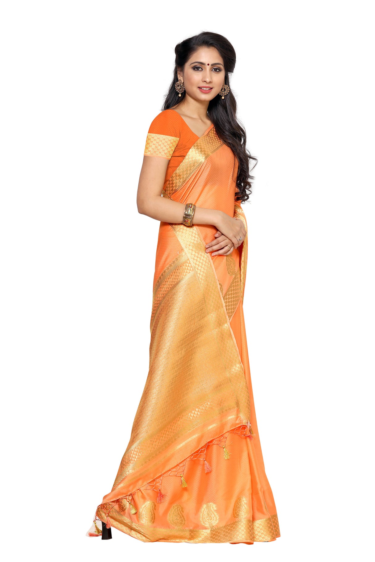 Mimosa Womens Crepe Saree Mysore Silk style Peach Color