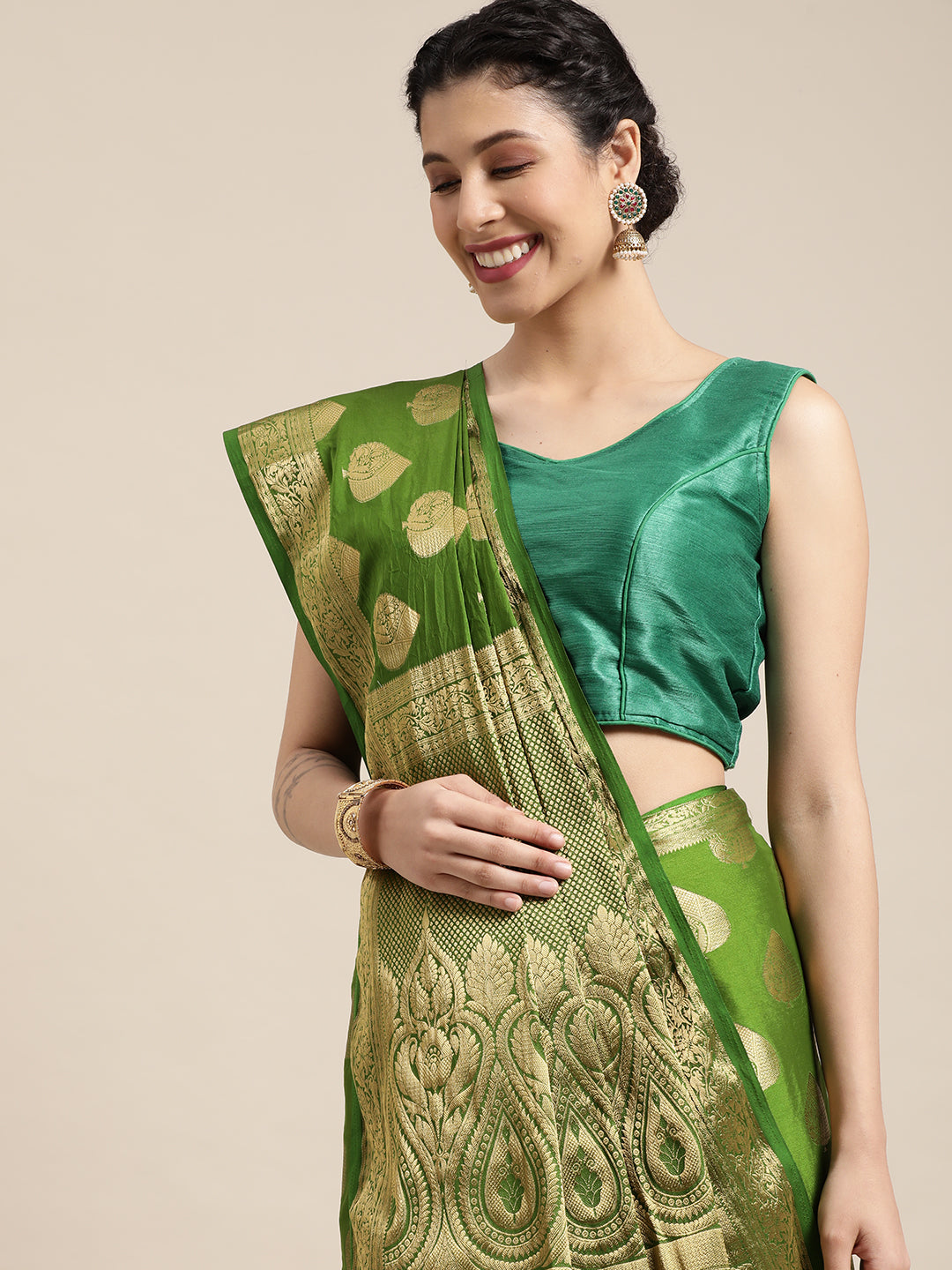 Mimosa Womens Crepe Saree Mysore Silk Olive Color