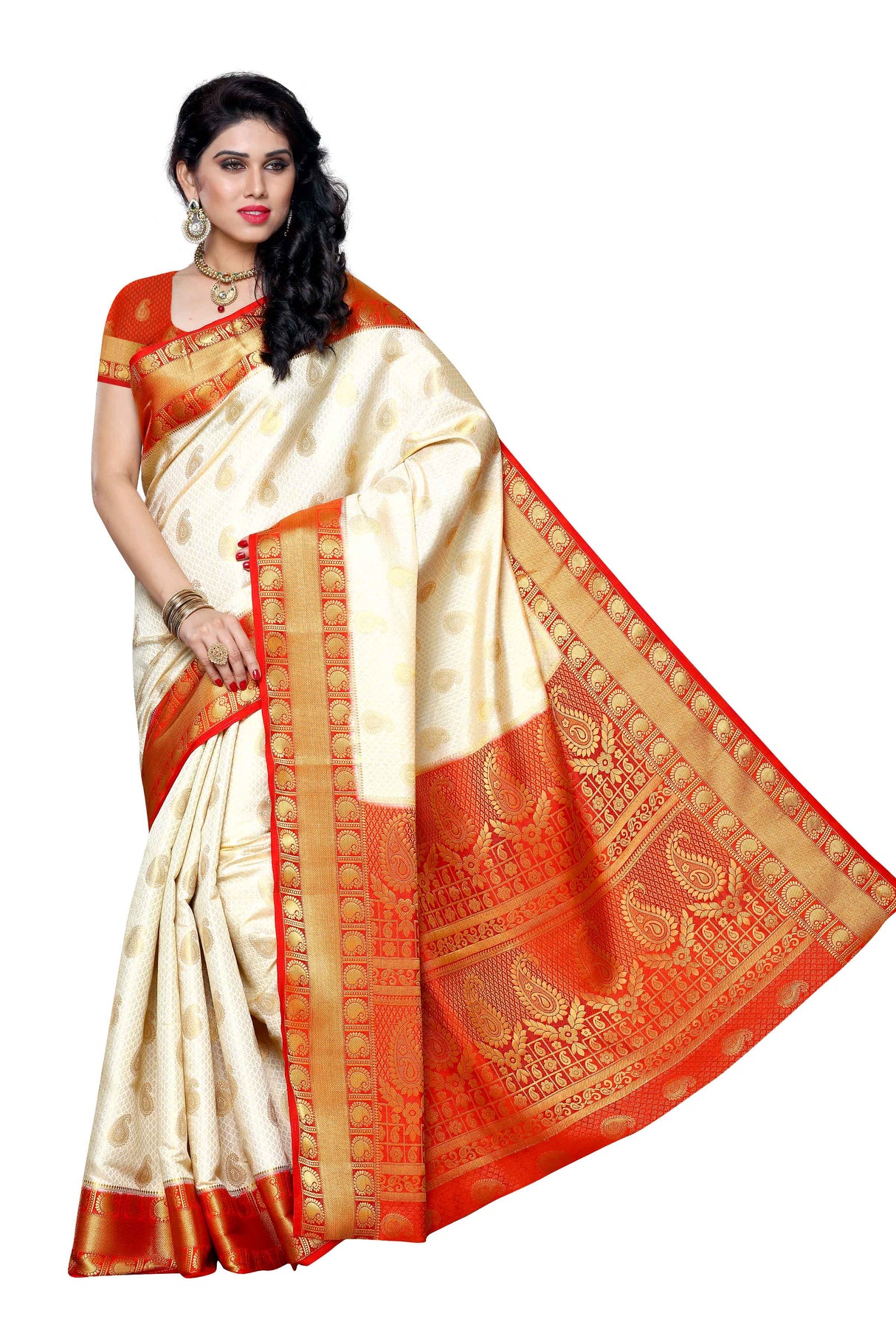 Mimosa Womens Art Silk Saree Kanjivaram Halfwhite Color