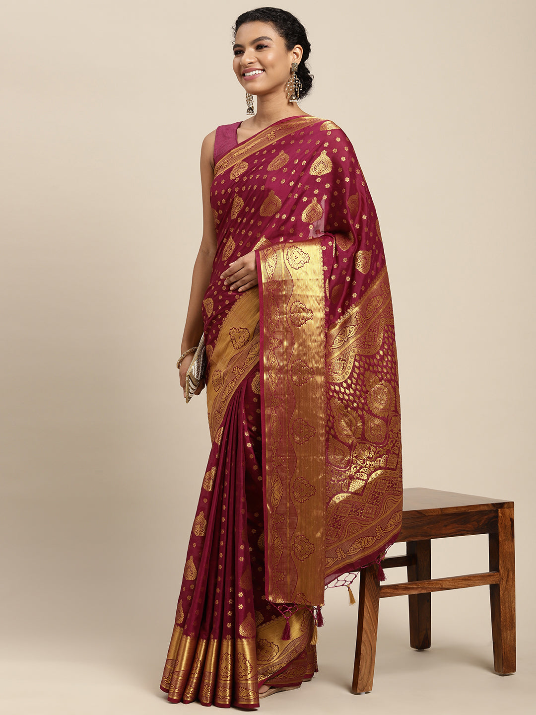 Mimosa Womens Crepe Saree Mysore Silk Wine Color