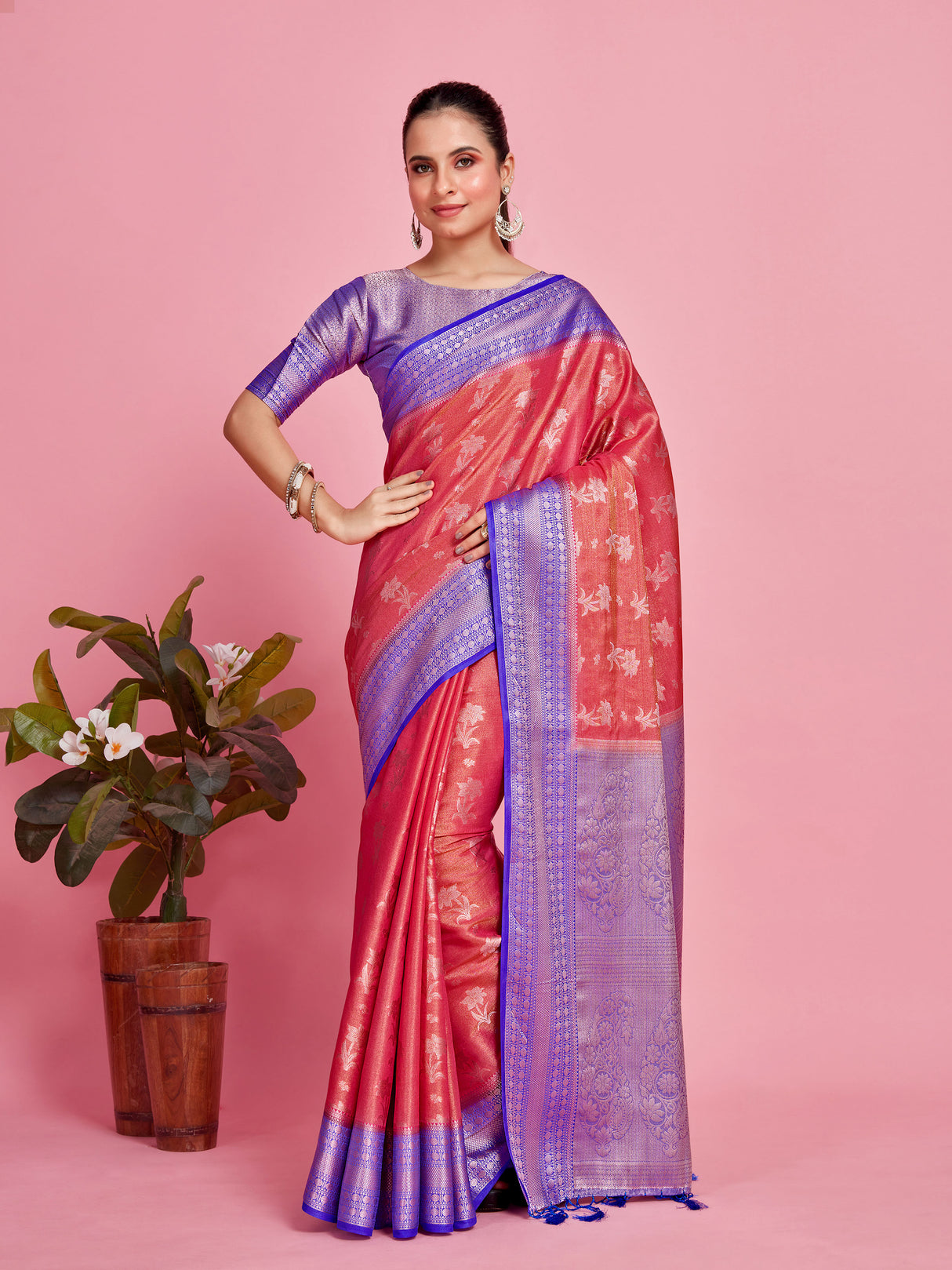 Mimosa Women's Woven Design Kanjivaram Style Art Silk Saree With Blouse Piece : SA0000376PNKFREE