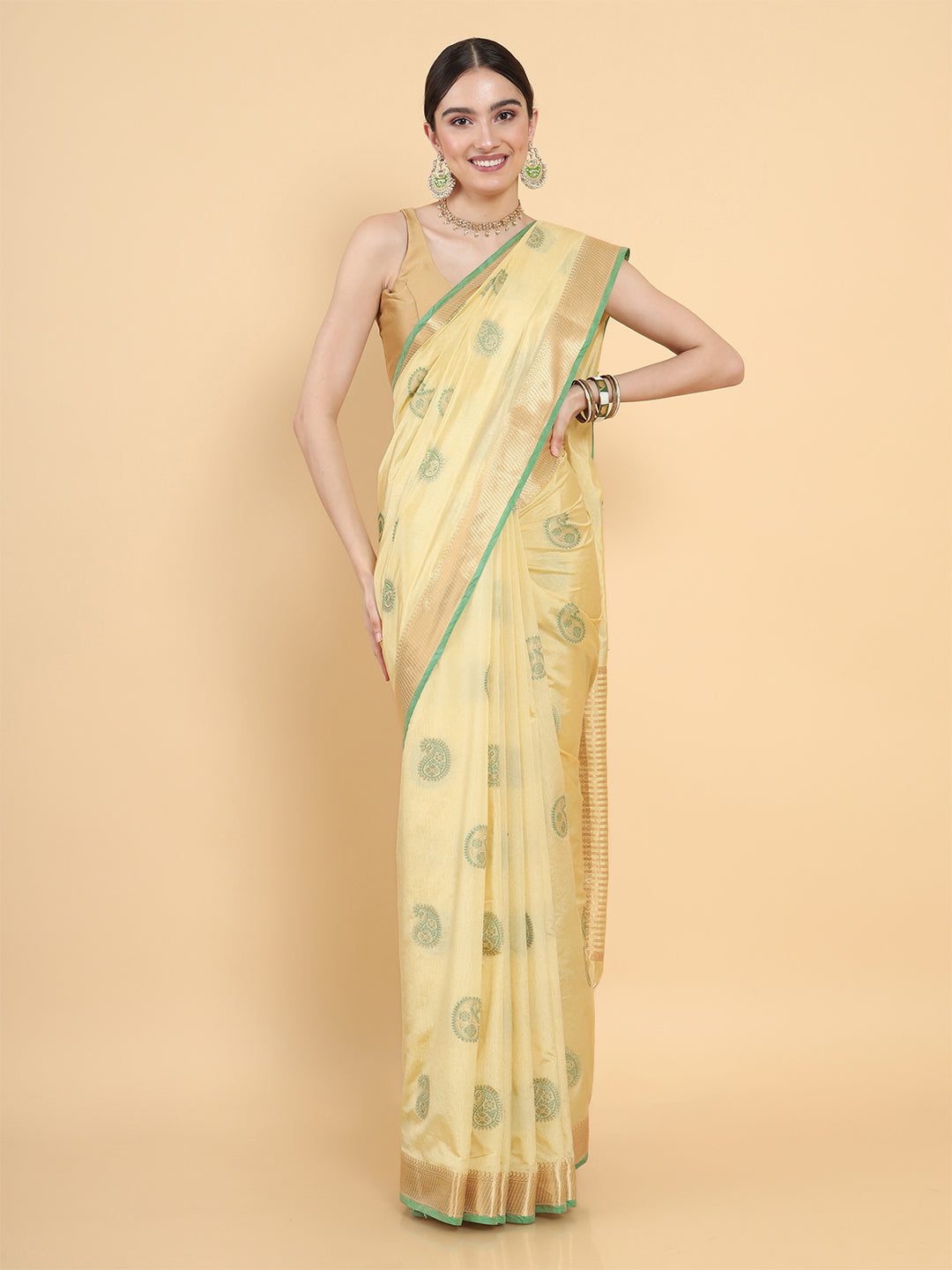 Mimosa Womens Art Silk Saree Kasavu Cream Color