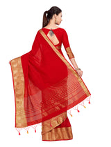 Mimosa Womens Linen Saree Kanjivaram style Red Color