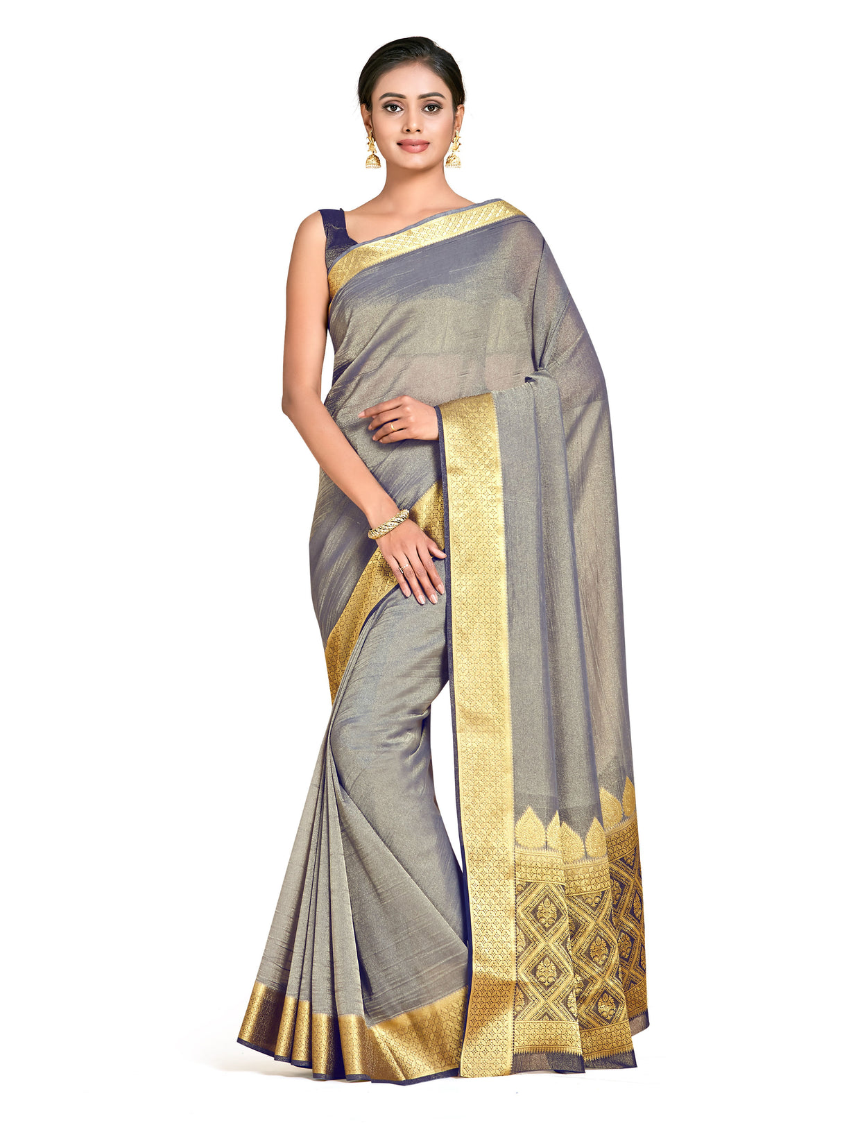 Mimosa Womens Art Silk Saree Kanjivaram style Grey Color