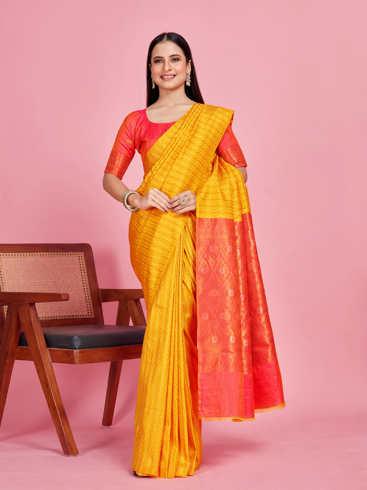 Mimosa Women's Woven Design Kanjivaram Style Art Silk Saree With Blouse Piece : SA00001375YLWFREE