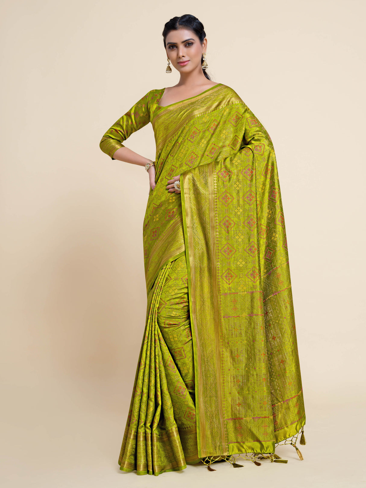 Mimosa Womens Art Silk Saree Kanjivaram style Olive Color