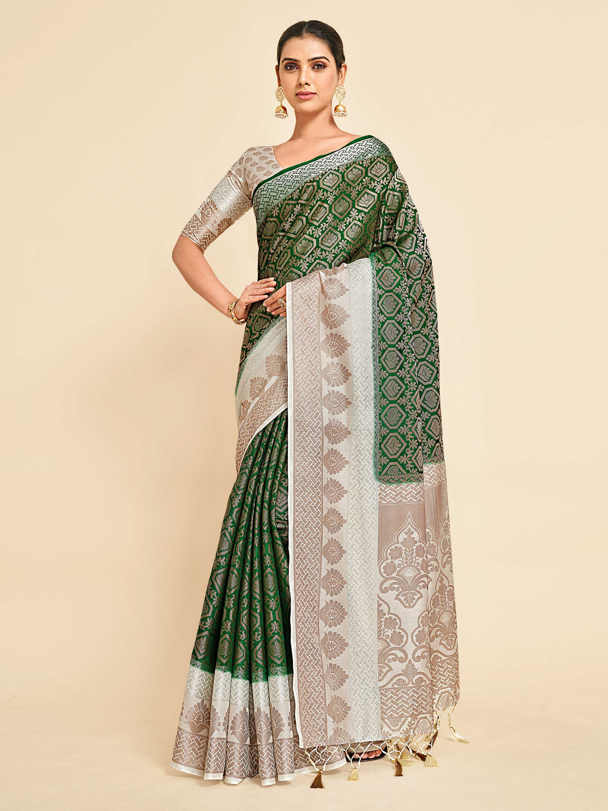 Mimosa Womens Art Silk Saree Kanjivaram style Green Color