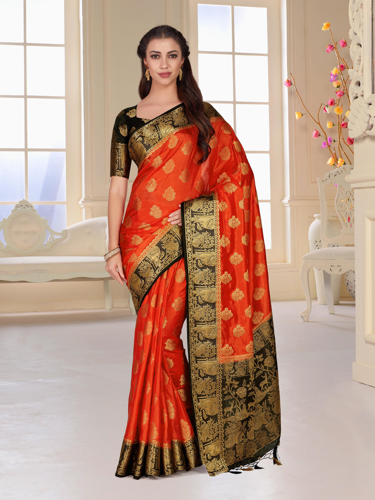 Mimosa Womens Art Silk Saree Kanjivaram Orange Color