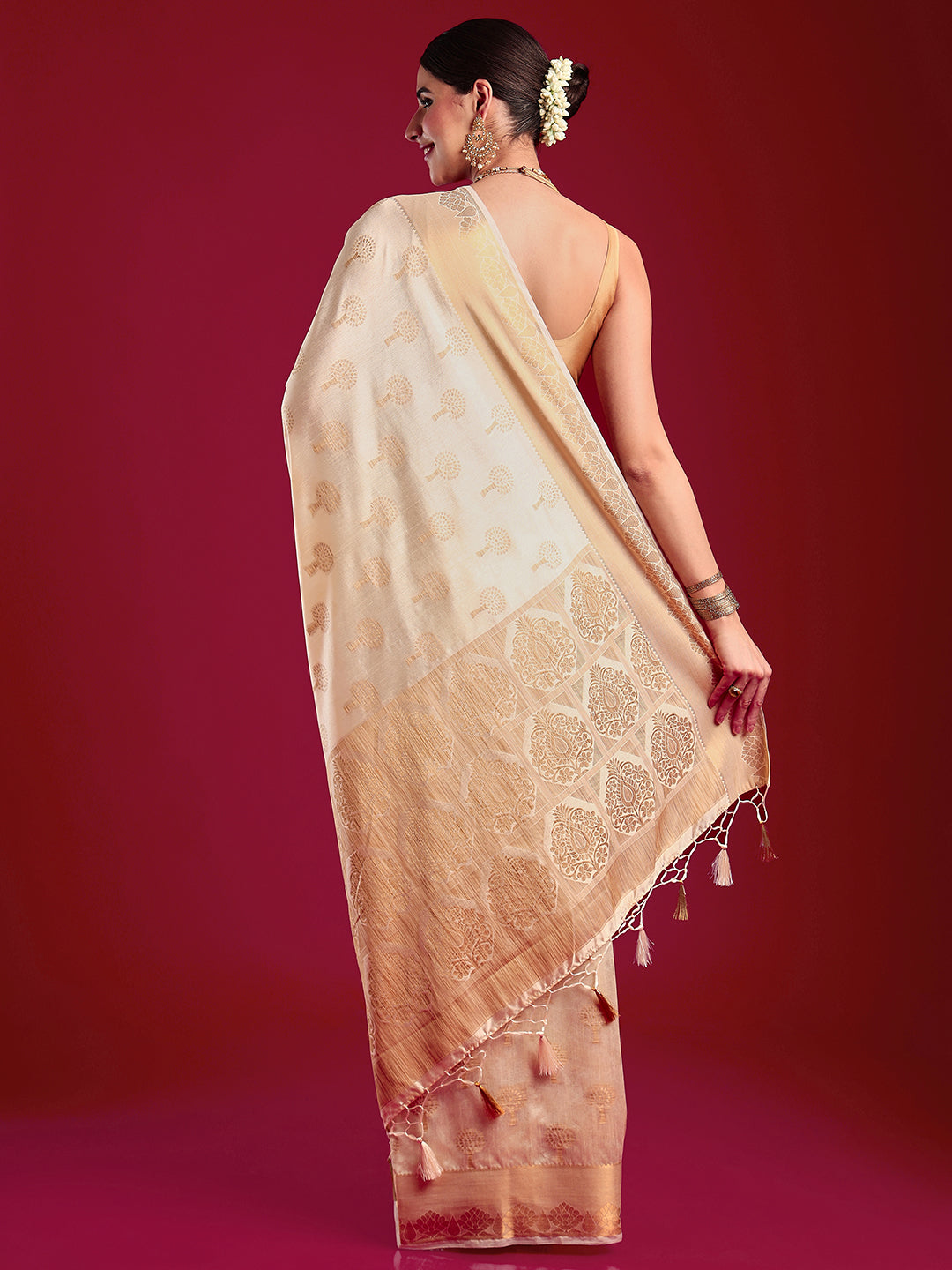 Buy Women's Woven Design Silk Blend Saree With Unstitched Blouse Piece -  Cream at