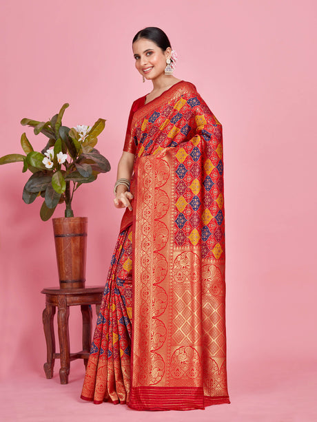 Mimosa Women's Woven Design Patola Style Art Silk Saree With Blouse Piece : SA00001343NVFREE