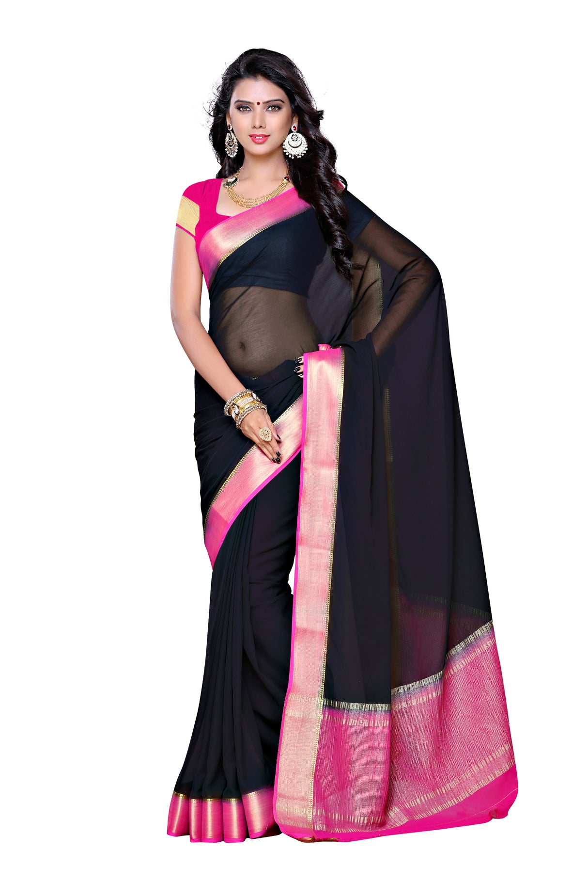 Mimosa Womens Chiffon Saree Kanjivaram style Black Color