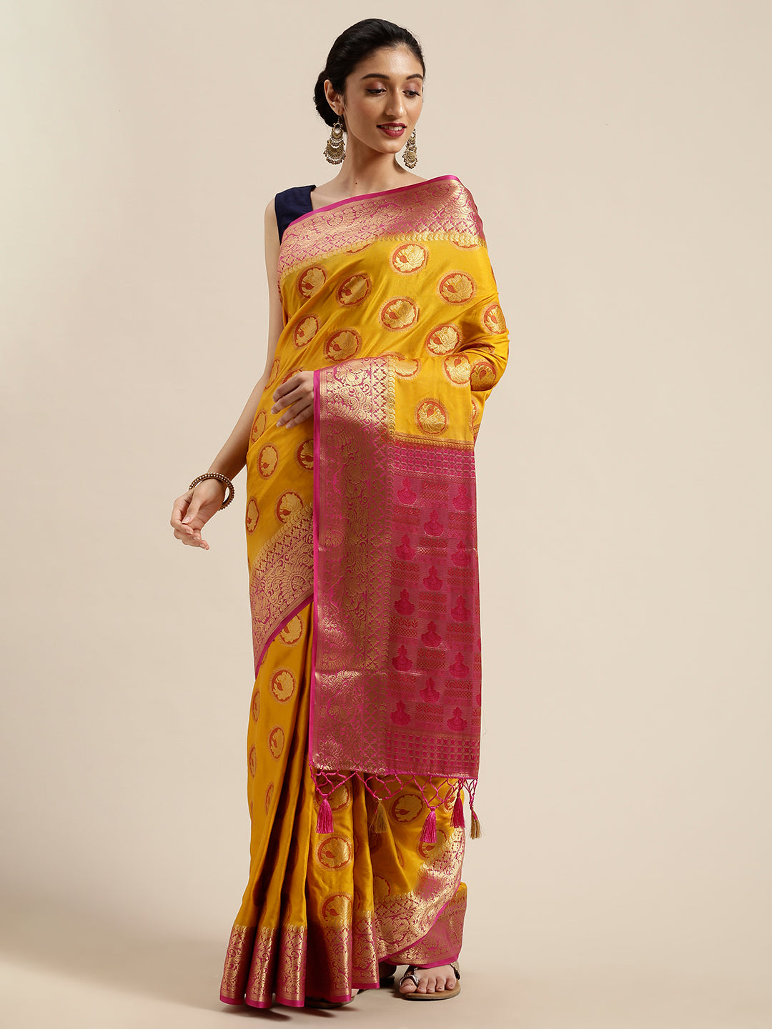 Mimosa Womens Art Silk Saree Kanjivaram Mustard Color