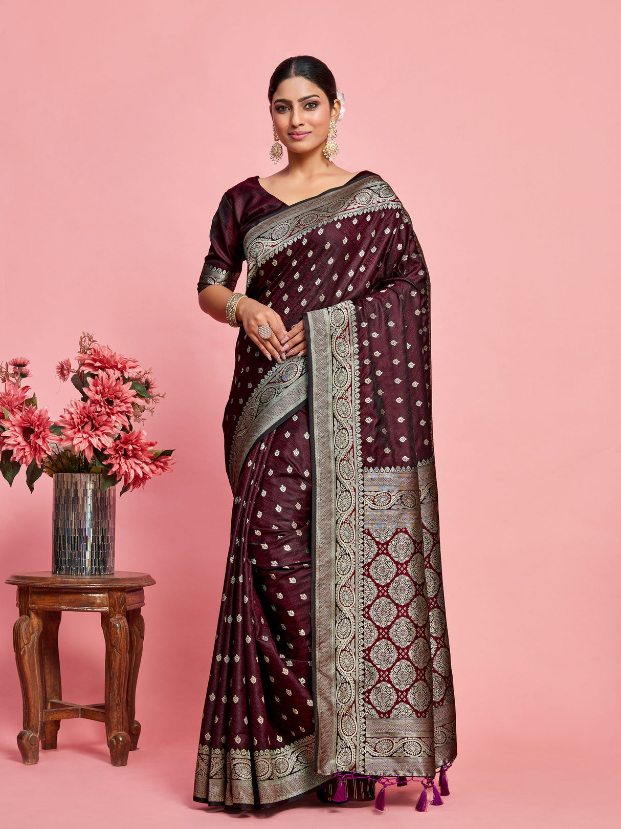 Mimosa Women's Woven Design Kanjivaram Art Silk Saree With Blouse Piece : SA00001222WNFREE