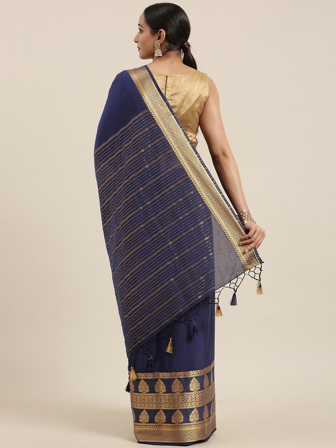 Mimosa Womens Crepe Saree Mysore Silk Navy Blue Color