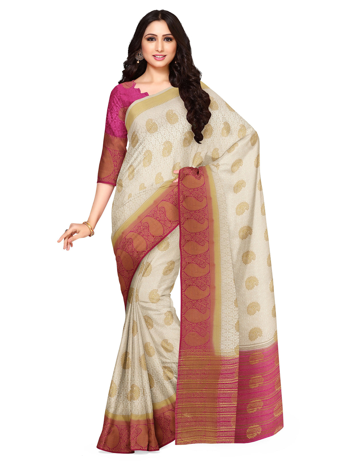 Mimosa Womens Art Silk Saree Kanjivaram Halfwhite Color