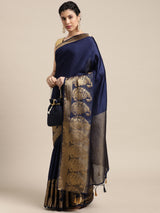 Mimosa Womens Art Silk Saree Kanjivaram style Navy Blue Color