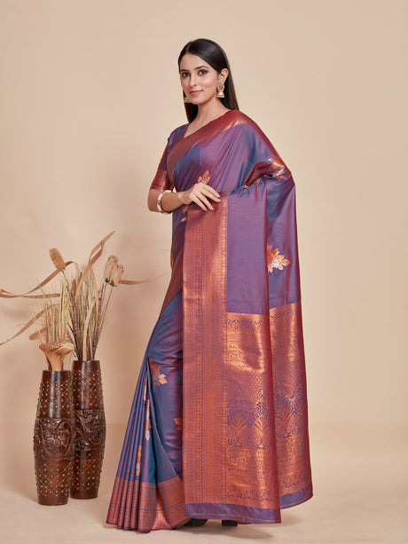 Mimosa Women's Woven Design Kanjivaram Style Art Silk Saree With Blouse Piece : SA00001384GYFREE