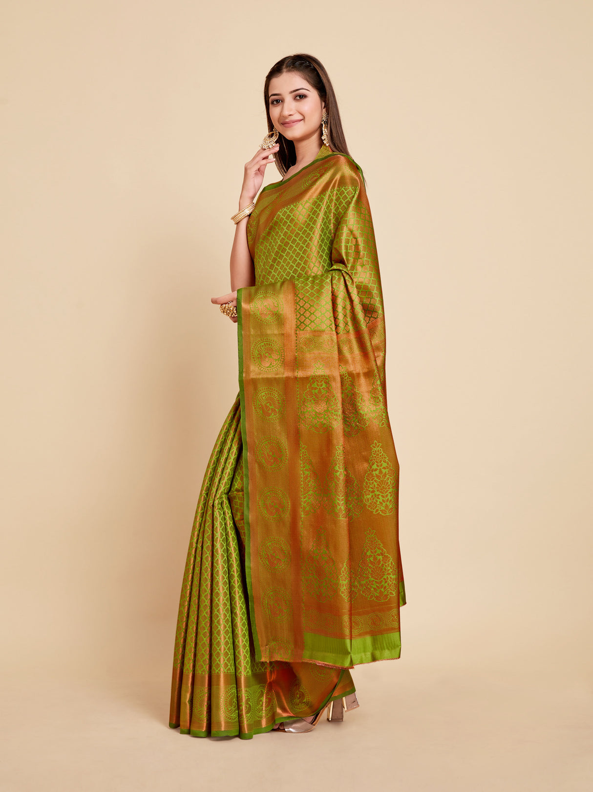 Mimosa Womens Art Silk Saree Kanjivaram Olive Color