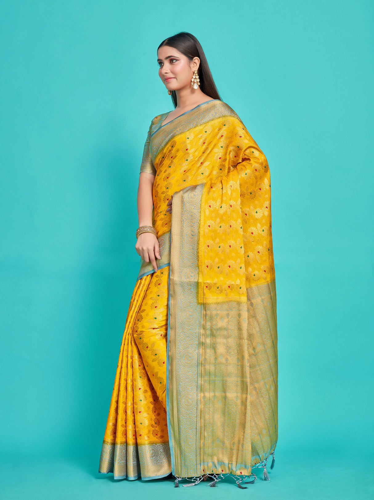 Mimosa Women's Woven Design Kanjivaram Style Art Silk Saree With Blouse Piece : SA00001125GDFREE