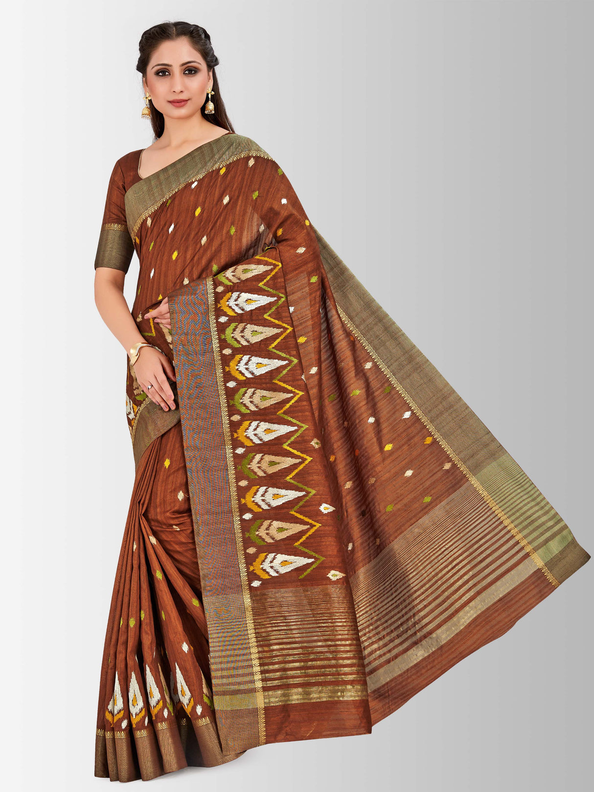 Mimosa Womens Raw Silk Saree Kanjivaram Chocolate Color