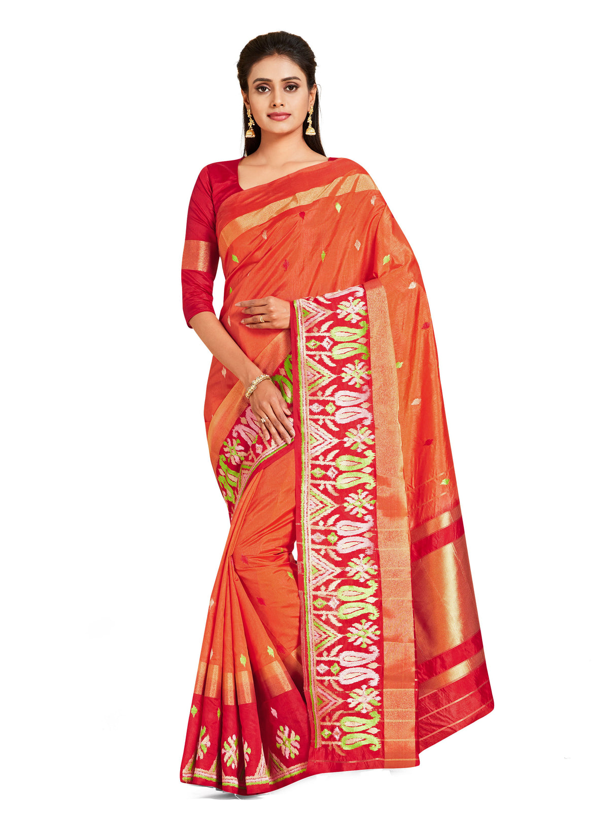 Mimosa Womens Art Silk Saree Kanjivaram style Orange Color