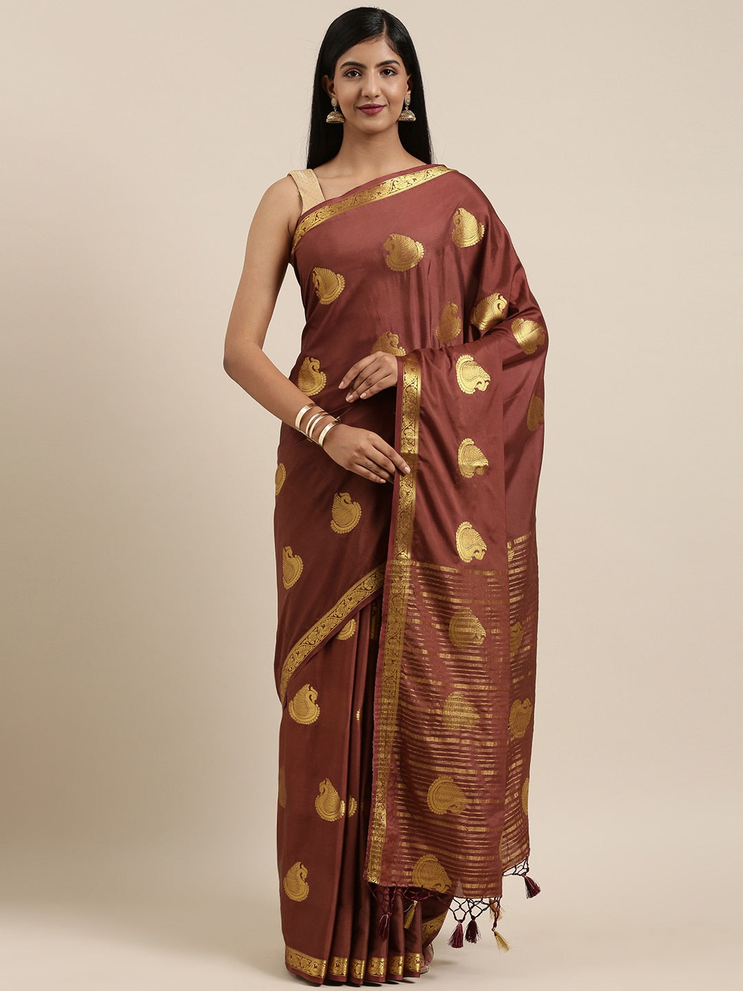 Mimosa Womens Crepe Saree Mysore Silk Chocolate Color