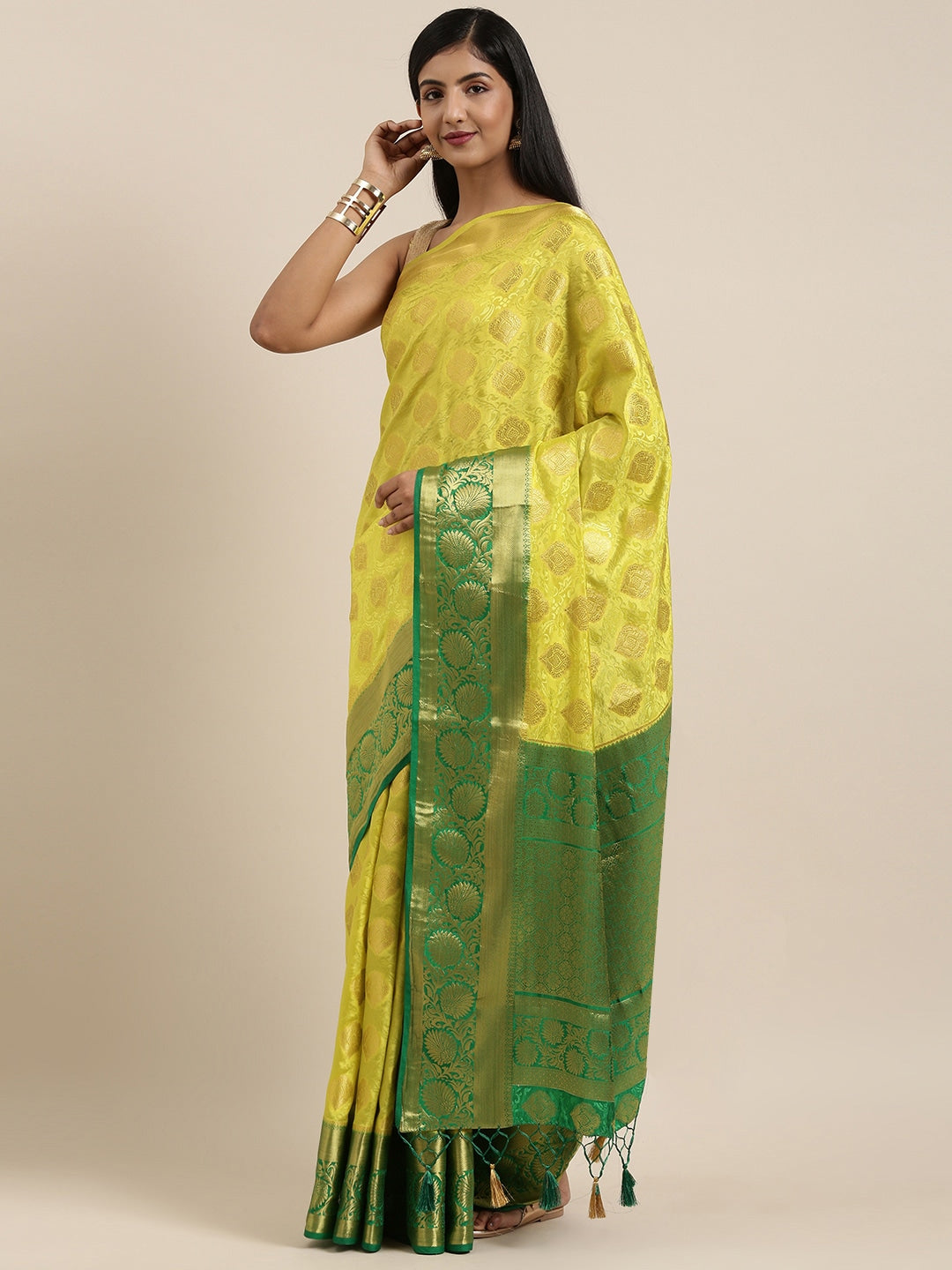 Mimosa Womens Art Silk Saree Kanjivaram Olive Color